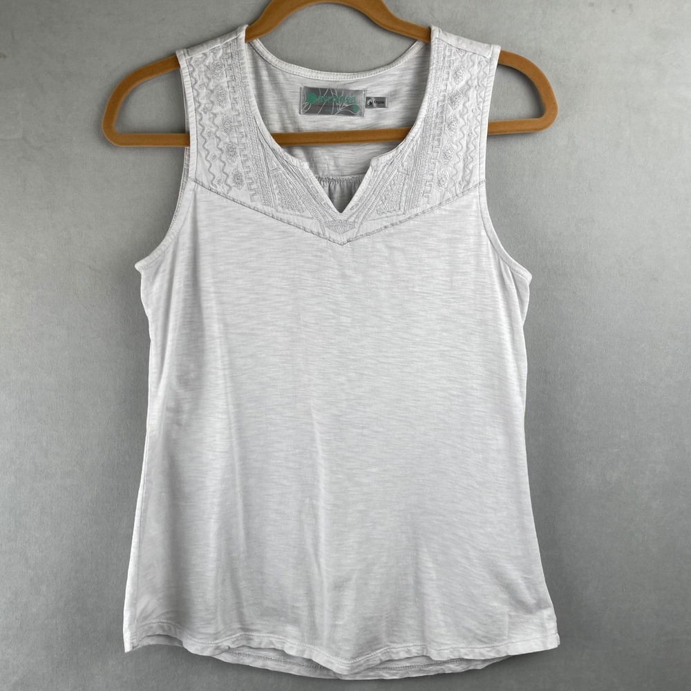Aventura Organic Cotton V Neck Embroidered Tank Top Wht Aztec Boho Tencel Wmns S